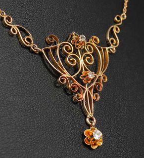 Arts & Crafts Period 10k Gold & Diamond Scrollwork Pendant Necklace c1910s