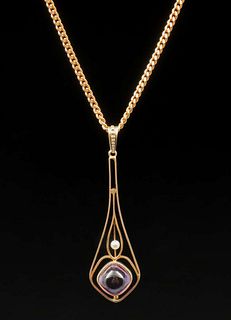 Arts & Crafts 14k Gold, Amethyst & Seed Pearl Pendant Necklace c1910