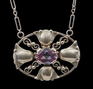 Kalo - Chicago Sterling Silver & Faceted Amethyst Pendant Necklace c1920s