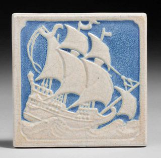 Marblehead Pottery Blue & White Galleon Ship Tile c1910s