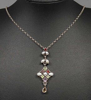 Arts & Crafts Period Pearl, Amethyst, Ruby, Emerald & Topaz Pendant Necklace c1910s