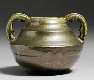 Fulper Pottery Matte Green Two-Handled Vase c1920