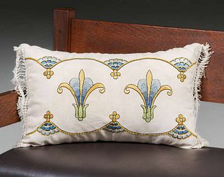 Arts & Crafts Embroidered Pillow Stylized Floral Trifoils c1910