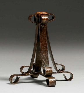 Arts & Crafts Hammered Copper & Brass Strap Candlestick c1910
