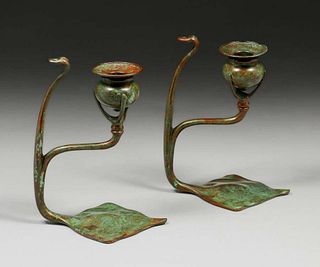 Pair Tiffany Studios #1203 Bronze Cobra Candlesticks c1910s