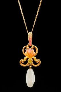Art Nouveau 14k Gold, Enamel & Freshwater Pearl Pendant Necklace c1910s