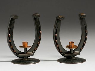Arts & Crafts Western Iron & Hammered Copper Horseshoe Candlesticks c1920s