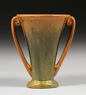 Fulper Pottery Orange & Dark Green Flambe Two-Handled Pillow Vase c1920