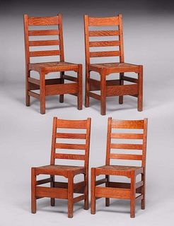 Set of 4 Early Gustav Stickley Tall Ladder Back Dining Chairs c1902-1904