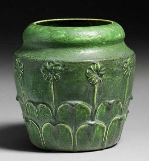 Grueby Faience Co Matte Green Double Leaves & Daisies Vase c1900