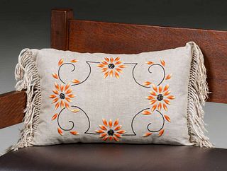 Arts & Crafts Embroidered Pillow Stylized Orange Flowers c1910