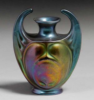 Heliosine Pottery Two-Handled Iridescent Bat Wing Vase c1905
