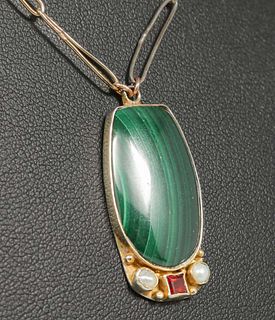 Arts & Crafts Secessionist Malachite, Seed Pearl & Ruby Pendant Necklace c1905