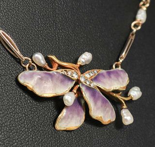 Arts & Crafts Period 18k Gold, Enamel, Pearl & Diamond Necklace c1910