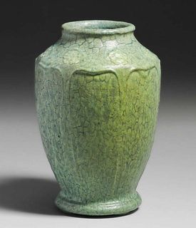 Unusual Grueby Pottery Ruth Erickson Mottled Matte Blue Green Vase c1905
