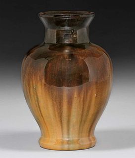 Fulper Pottery Orange & Mirror Black Cat's Eye Flambe Vase c1910s