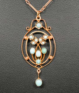 English Art Nouveau 9k Gold & Turquoise Pendant c1905