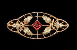 Boston Arts & Crafts 10k Gold & Ruby Oak Leaves Brooch c1910