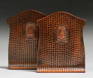 Craftsman Studios Hammered Copper Mission Bell Bookends c1920s