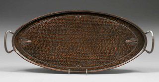 RoycroftÂ Hammered Copper Two-Handled Oval Tray c1920s