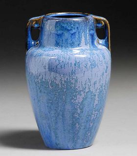 Fulper Pottery Two-Handled Blue Crystalline Vase c1910