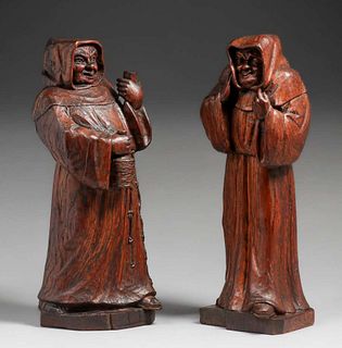 Two Arts & Crafts Period Hand-Carved Oak Monks c1910
