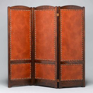 Arts & Crafts Oak & Leather Three-Panel Screen c1905