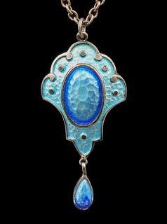 English Arts & Crafts Blue Enamel Sterling Silver Pendant Necklace c1905
