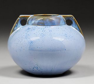 Fulper Pottery Bulbous Two-Handled Blue Vase c1915