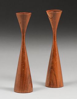 Pair Tall Danish Modern Teak Hourglass Candlesticks c1960s