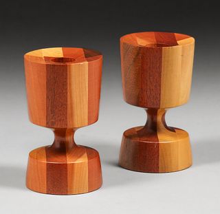 Pair Danish Modern Layered Wood Candlesticks c1960s