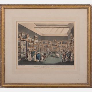 Thomas Rowlandson (1756-1827) Exhibition of Water Colored Drawings, Old Bond Street, Colored etching.