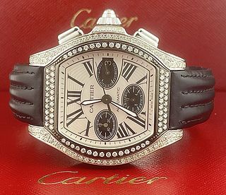 Cartier Roadster 44mm Men's Steel Watch White Dial Iced 6ct Diamonds
