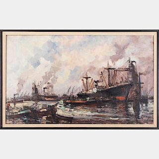 Wim Bos (b. 1941) Industrial Harbor Scene, Oil on canvas,