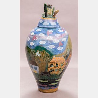 Jacqueline Cohen and Vaughan Smith (20th Century) Morning Runner, 1992, Lidded ceramic vessel,
