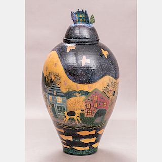 Jacqueline Cohen and Vaughan Smith (20th Century) Night Hunters, 1992, Lidded ceramic vessel,