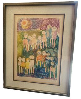 Mid-Century Lithograph of Children Signed RUTH ZAFARTI 