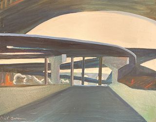 Mid Century Oil Paint by PATRICA AIKEN "Bridges" 
