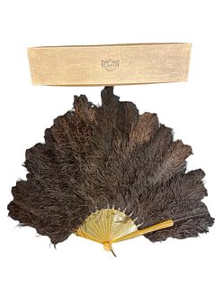 1900 French Ostrich Feather & Tortoise Shell Hand Fan LUCILLE CHICAGO
