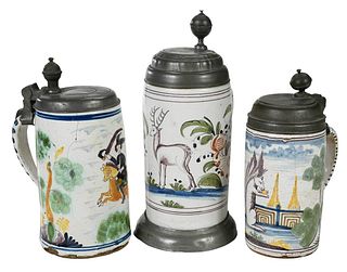 Three German Fayence and Pewter Mounted Steins
