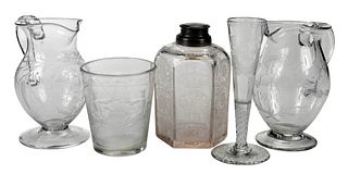 Five Continental Engraved Glass Table Articles