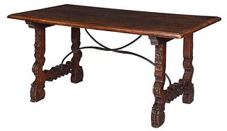 Spanish Baroque Style Walnut Stretcher Base Table