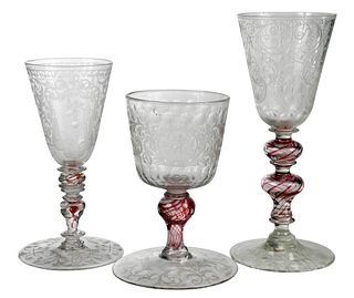Three German Engraved Glass Goblets