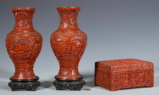 Chinese Cinnabar Vases & Box