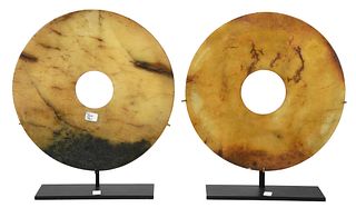 Two Chinese Carved Jade Bi Discs on Stands