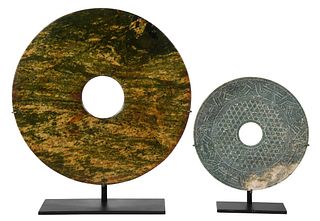 Two Chinese Carved Jade Bi Discs on Stands