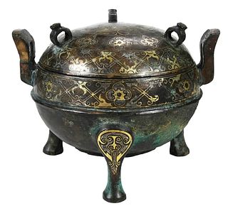 A Chinese Gold Inlaid Lidded Bronze Tripod Vessel, Ding