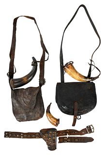 Group of Leather Pouches, Powder Horns, and Gun Holster