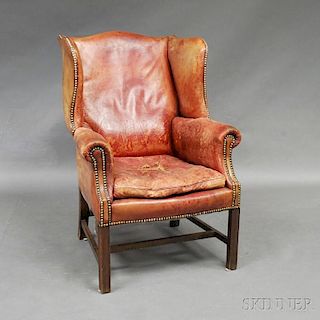 Chippendale-style Leather-upholstered Mahogany Wing Chair