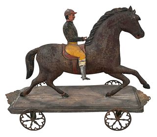 Paint Decorated Sheet Iron Horse and Rider Pull Toy